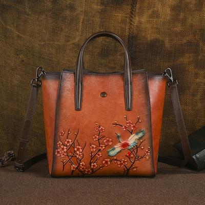 Genuine Leather Women's Handbag Large Capacity Retro Embossed Cowhide Versatile Shoulder Bags