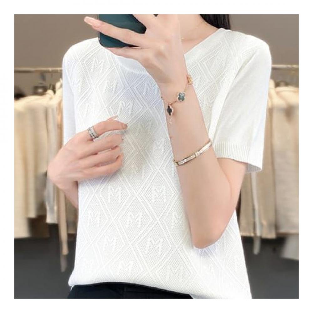 Navava Nk2152 Embossing AlphabeT Simple ShorT Sleeve KniT T shirT
