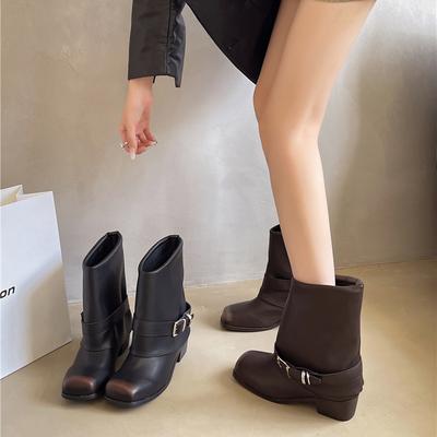 Square Toe Women Western Cowgirl Boots Fashion Belt Buckle Shoes Autumn Winter Thick Heel Ladies Knight Short Booties