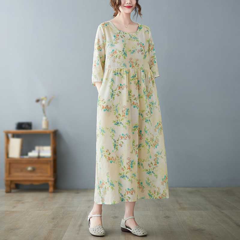 

Summer New Literary Large Size Loose Thin Round Neck Five-minute Sleeve Age Reduction Women s Dresses 2XL жовтий