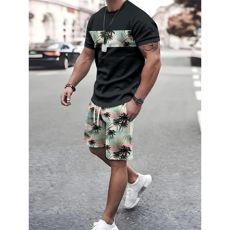 2024 Summer Fashion T Shirt Shorts Set High Temperament Street Men's Mens 3D Short Sleeve Loose Top Gradient Coconut Print Style