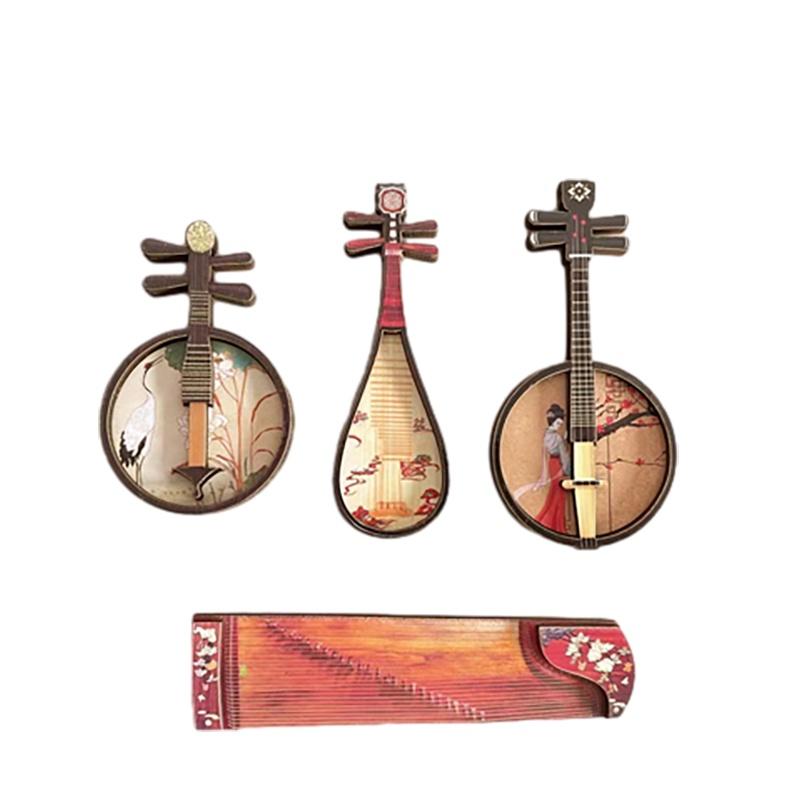 Wooden Chinese Style Ethnic Instrument Fridge Magnet Set For Living Room Dcor