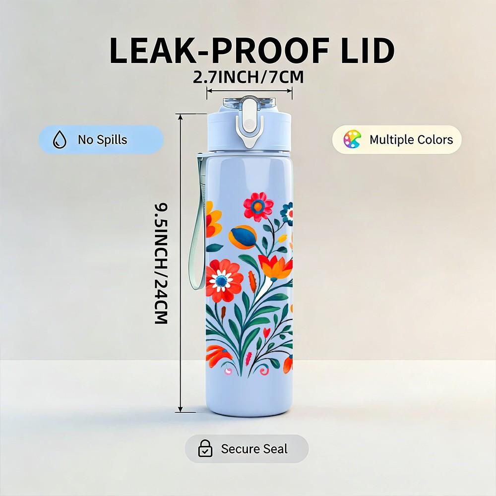 1PC Colorful Folk Floral Bouquet Print 750ml Color Plastic Sports Water Bottle Leakproof Flip Straw Lid Suitable for Sports Office Home Use