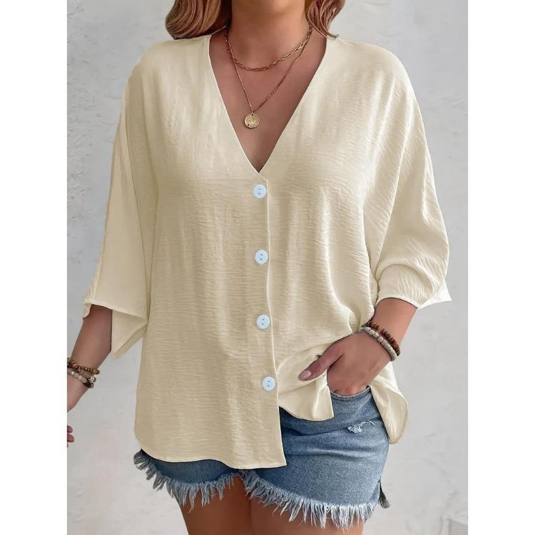 2025 New Women's Plus Size Casual V-Neck Long Sleeve T-Shirt Elegant Loose Blouse Solid Color Fashion Top for Spring Summer