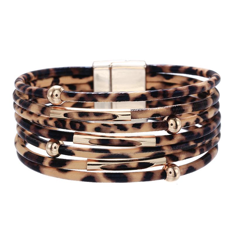 Bracelet for Women  Multi-layer Leopard Pattern Leather Rope Magnetic Clasp Bangles Female Gift CDN
