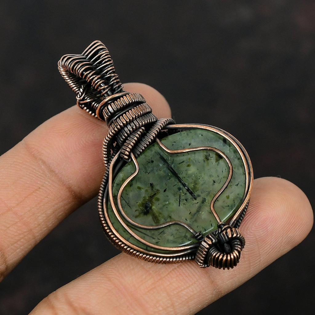 Moos Prehnit Anhänger Kupferdraht Gewickelter Anhänger Handgemacht Edelstein Anhänger Kupferdraht Schmuck zierlicher Anhänger Geschenk für Ihn Designer Anhänger