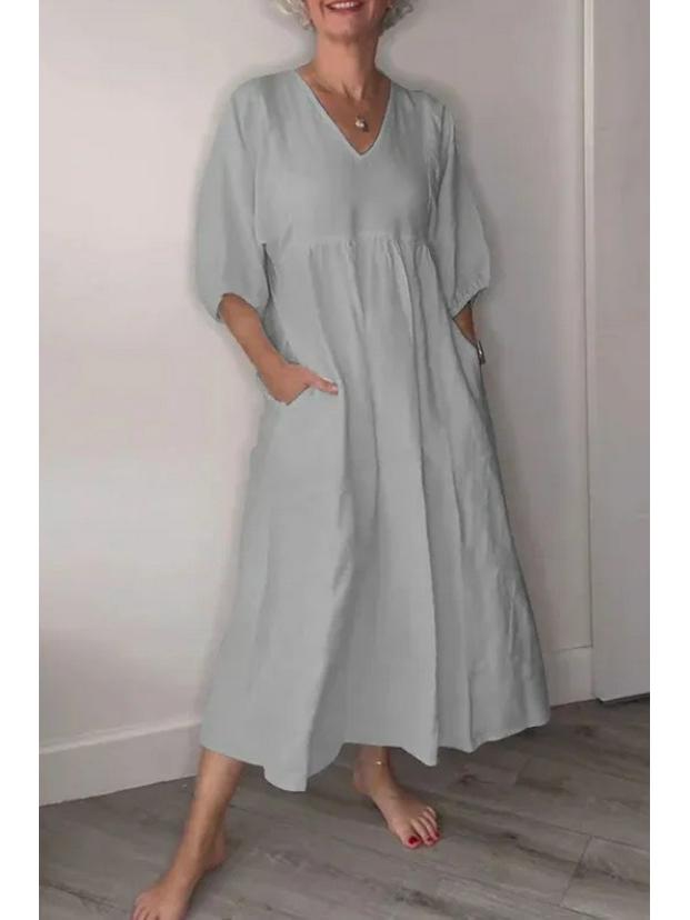 

Европейское и американское осеннее женское хлопково-льняное повседневное платье с V-образным вырезом, оборками и карманами L серый