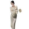 New Chinese Dress Jacquard Swinging Collar Long Sleeves High-end Femininity Slim Waist Hanging Feeling Hip-wrapped Long Skirt