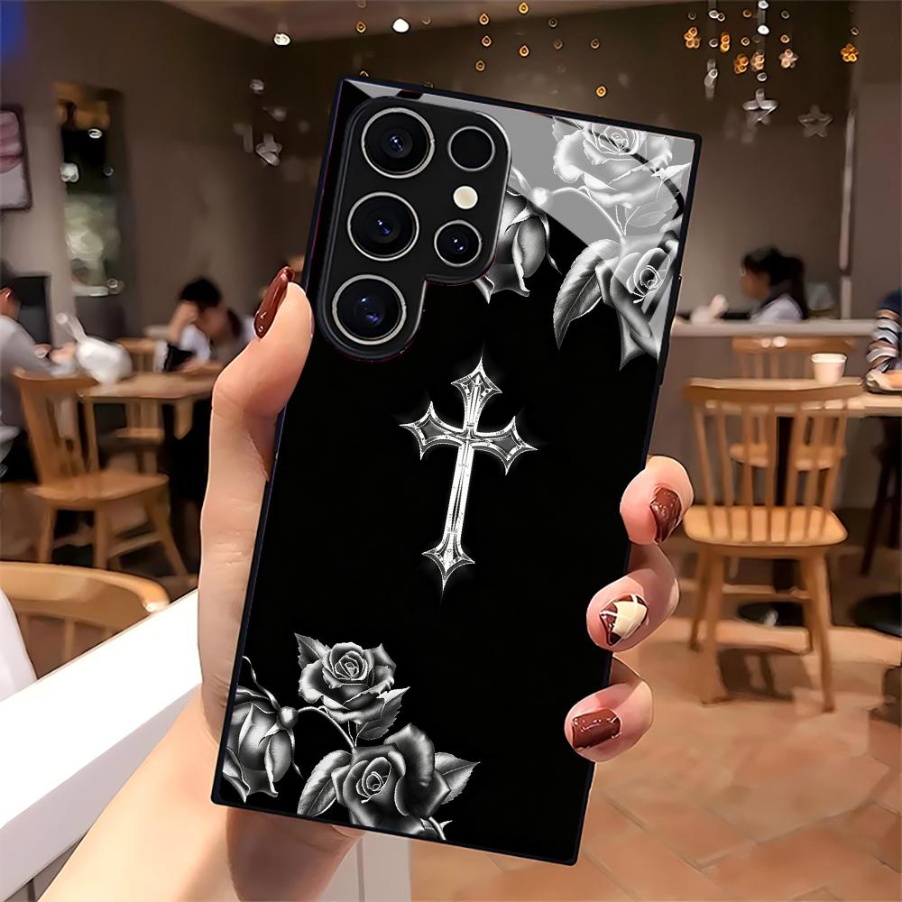 Tempered Glass Phone Case For SamsungGalaxy S26 S21 S22 S23 S24 S25 FE Ultra Plus Fall protective cover Black Rose & Cross