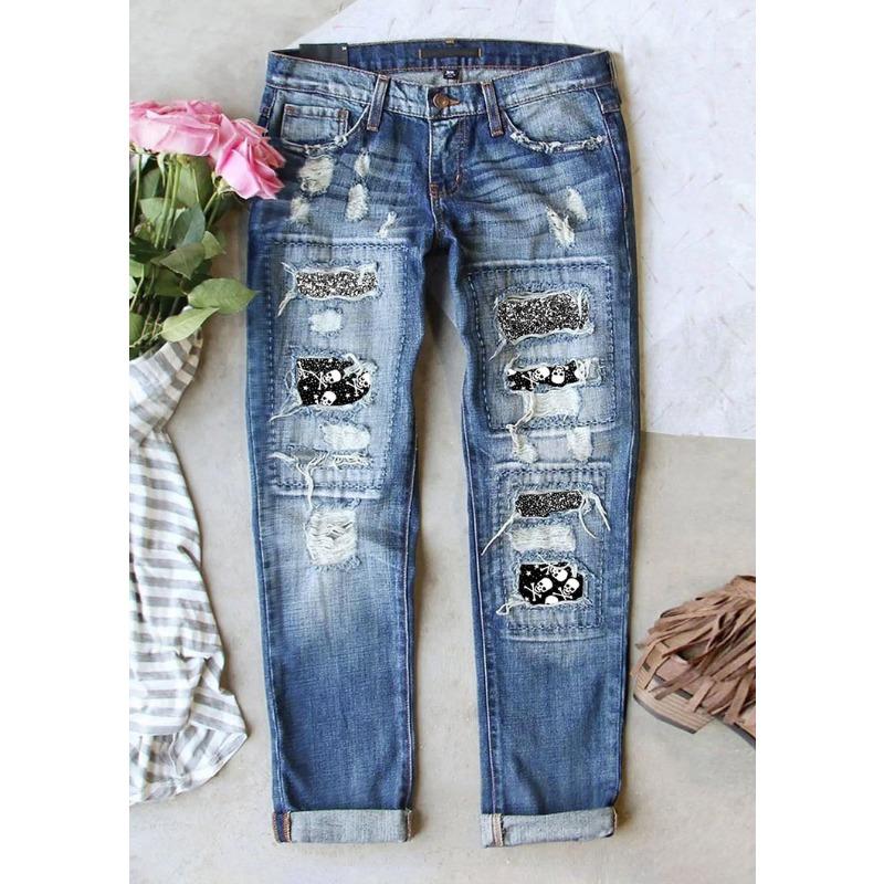 Women Mid Waist Straight Leg Ripped Printed Patchwork Denim Long Pants