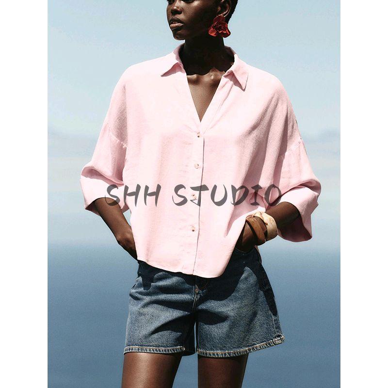 Spring New Women's Clothing French Simplicity Style Light Spring Linen Blended Wide Sleeve Plaid Shirt 2340939