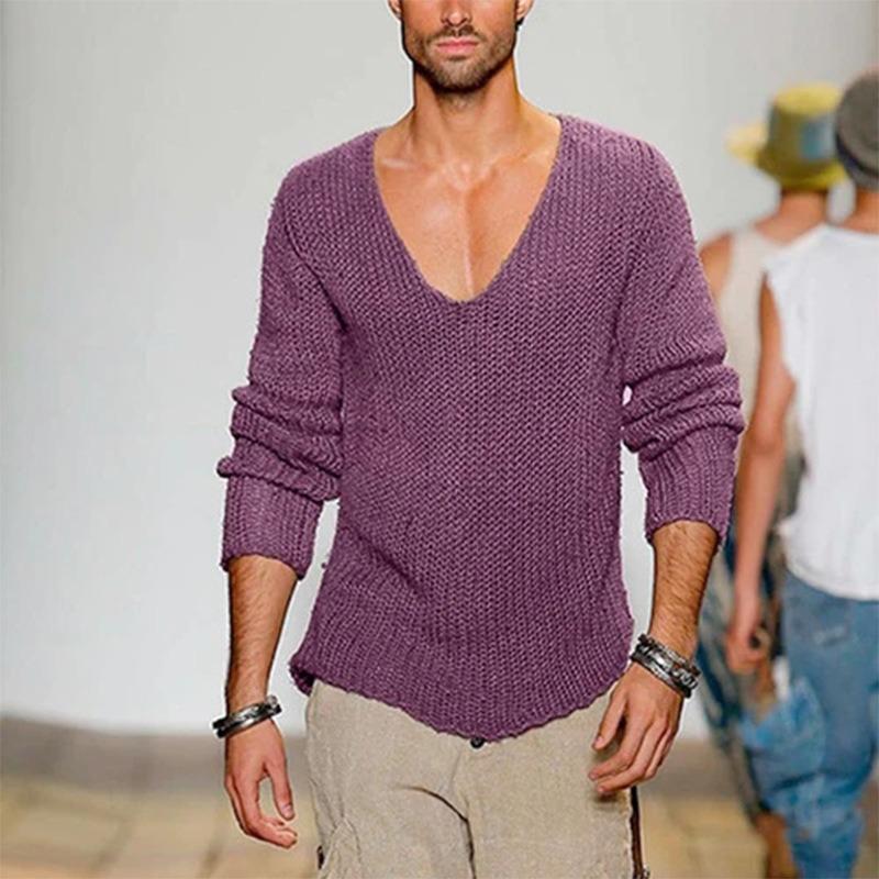 Maglione Pullover Casual da Uomo con Scollo a V Profondo, Manica Lunga, in Maglia, Colore Unito, Vestibilità Larga per Autunno Inverno