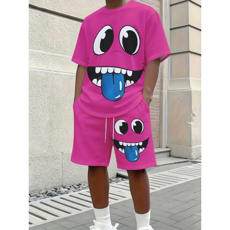 Men s Cartoon Face Print T-Shirt Shorts Set S
