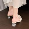 Transparent Square Heel Slippers Summer New Square Toe Open Toe Flower Non-slip Wear-resistant Flip-flops