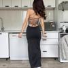 2025 Léto Evropské a Americké Dámské Jednobarevné Šaty na Ramínka s Vázáním v Pase Dlouhé