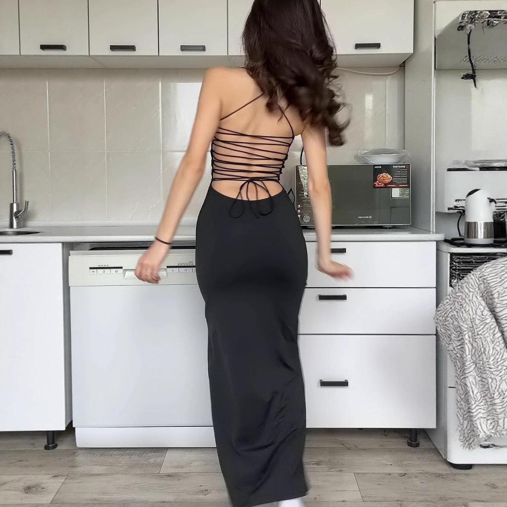 2025 Léto Evropské a Americké Dámské Jednobarevné Šaty na Ramínka s Vázáním v Pase Dlouhé