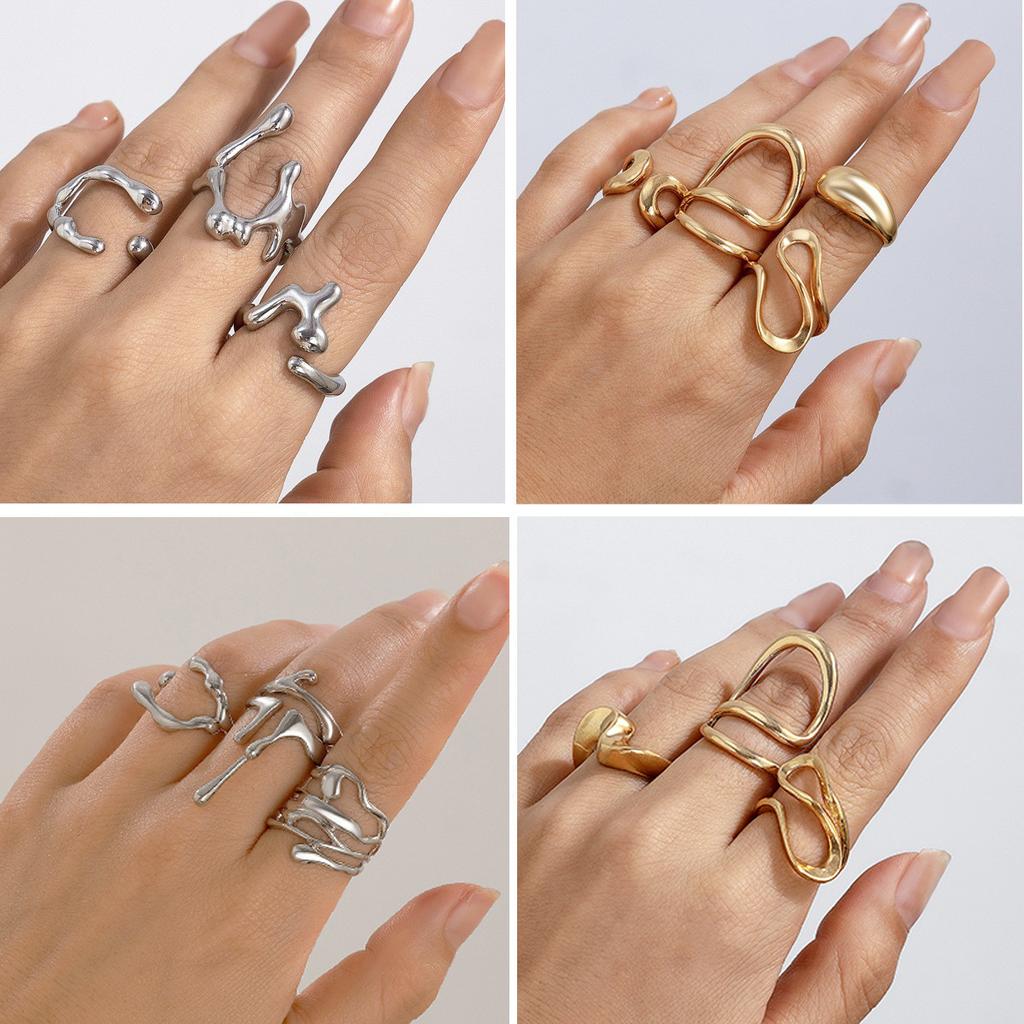 European and American Design Sense Liquid Lava Open Ring Set Women's Irregular Smooth Hollow Ring Rings