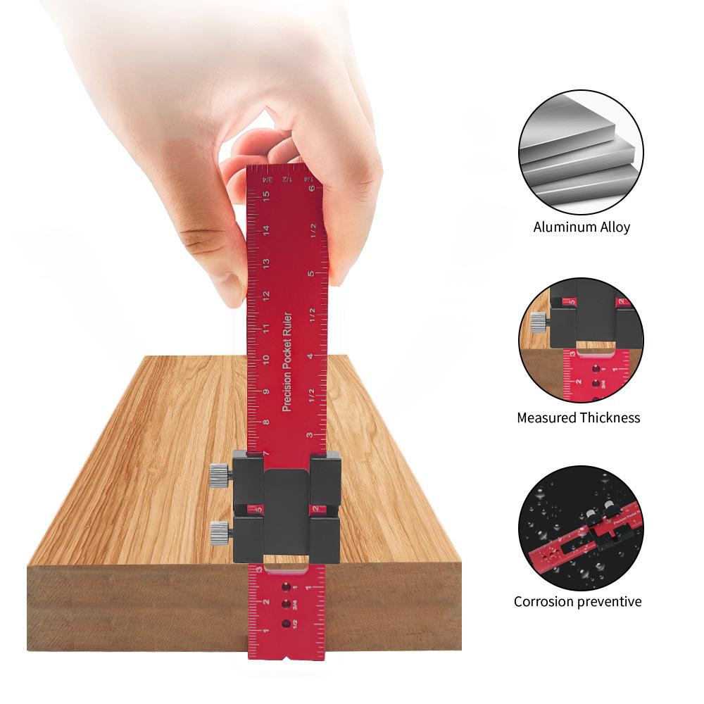 Woodworking Precision Pocket Ruler Aluminum Slide Ruler Inch and Metric T-Scribe Ruler Square Layout Tool with Slide Stop