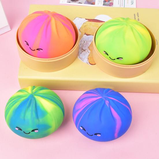 Rainbow Steamed Bun Stress Ball with Steamer Anti-Anxiety Colorful Smiling Dumpling Squeeze Toy Soft Simulated Dough Ball Fidget Sensory Toy