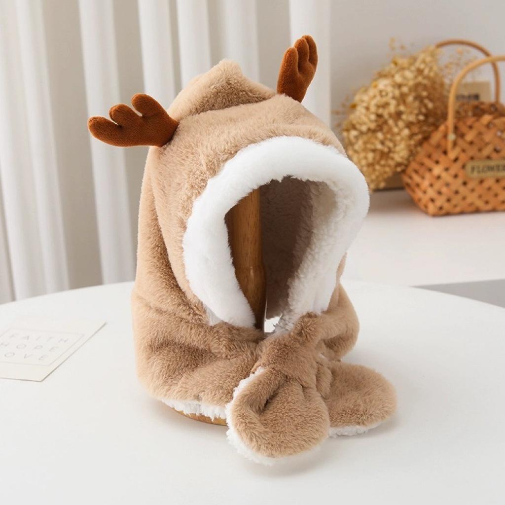 Children's hats, scarves, all-in-one hats, autumn and winter boys and girls, cute and cute fleece ear hats, warm baby pullover hats
