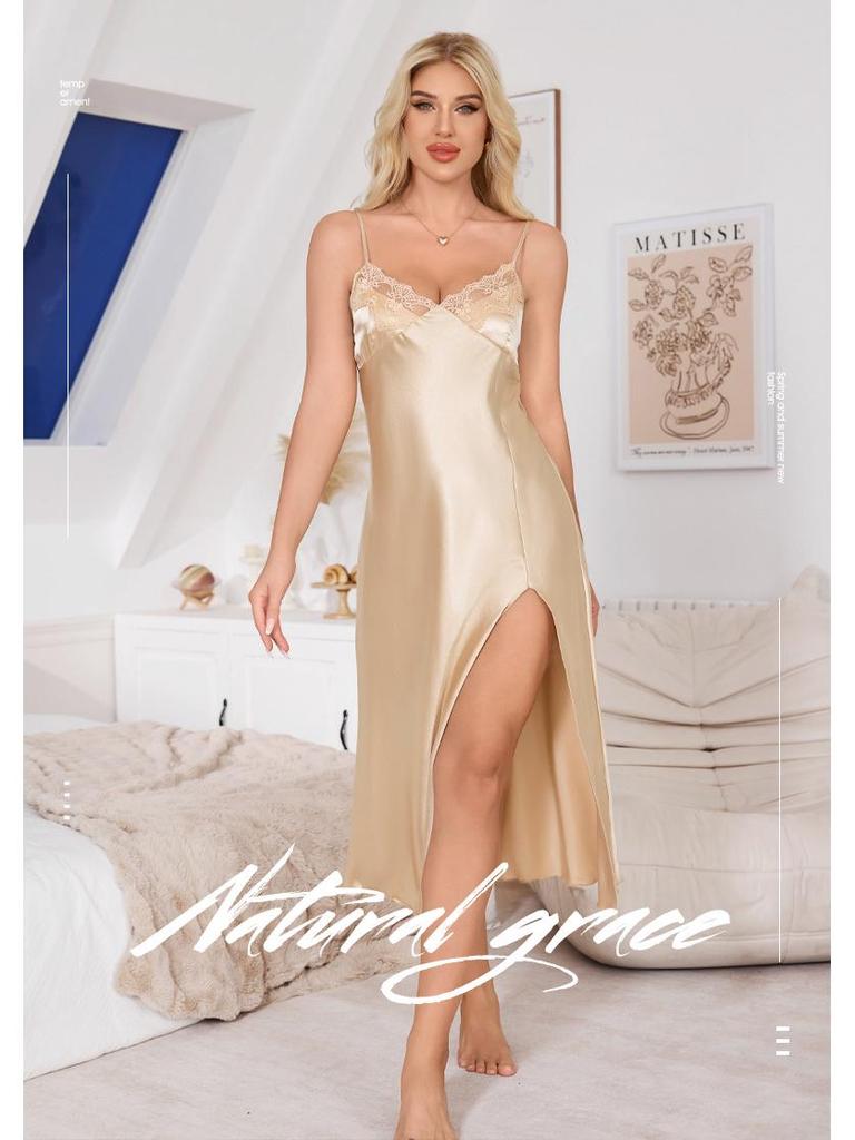 Yaoting Women's Ice Silk Pajamas - Long Sexy Camisole Nightgown for Summer and Autumn