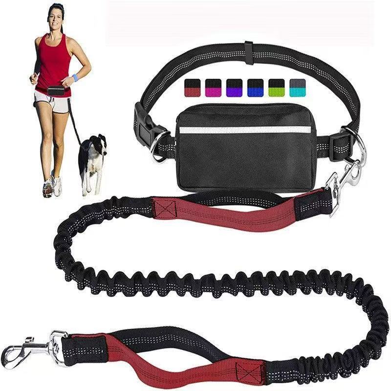 Hands-Free Bungee Dog Leash for Running & Walking - Dual Shock Absorbing, Adjustable Waist Belt, Reflective Stitching, 3 Stainless Steel D-Rings