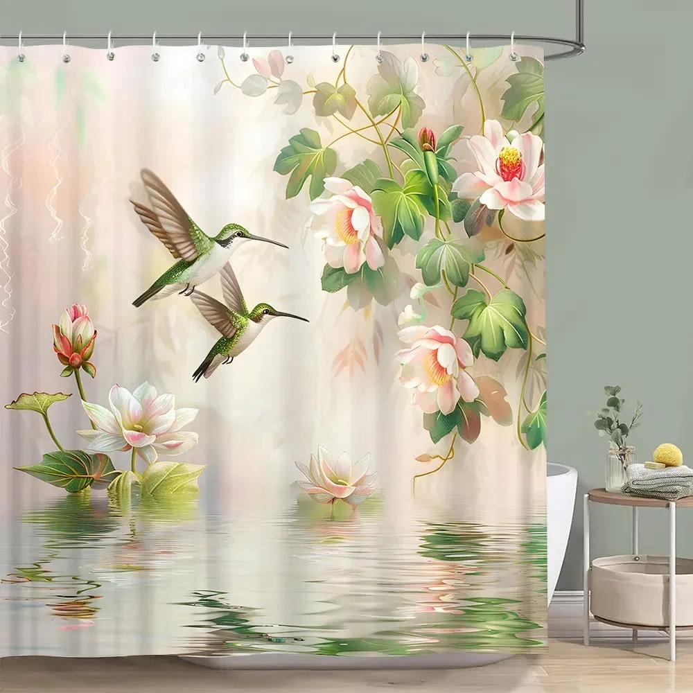 Hummingbird Floral Shower Curtain Birds Watercolour on Flower Branches Printed Polyester Bath Curtains Bathroom Decor with Hooks