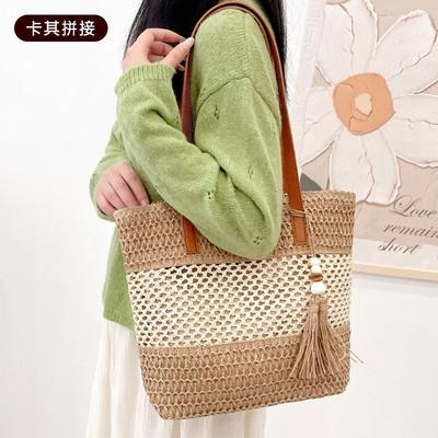 New Beach Straw Bag Seaside Contrasting Color Hollow Woven Bag Fashionable Large Capacity Shoulder Tote Women's Bag