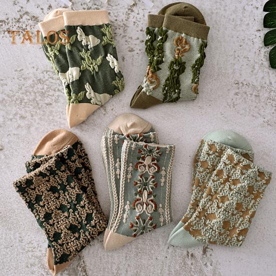 5/10 Perechi Șosete Dama Florale din Bumbac Șosete Crew cu Model Brodat Vintage Stil Etnic Șosete Glezna pentru Rochie