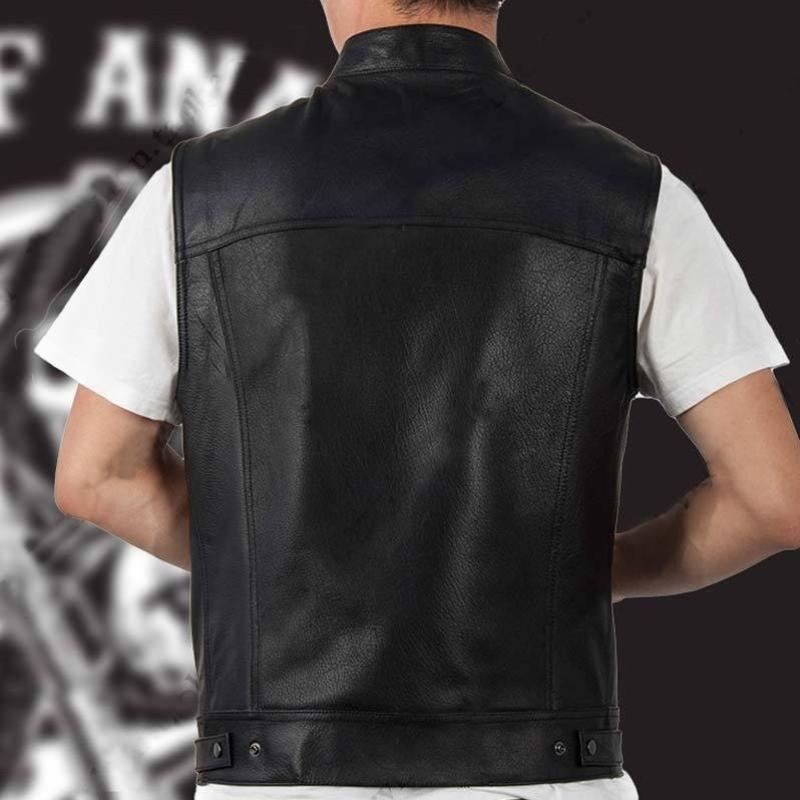 Gilet da uomo Gilet nero per abbigliamento Gilet da uomo in pelle PU Gilet con colletto alla coreana senza maniche per abbigliamento da uomo
