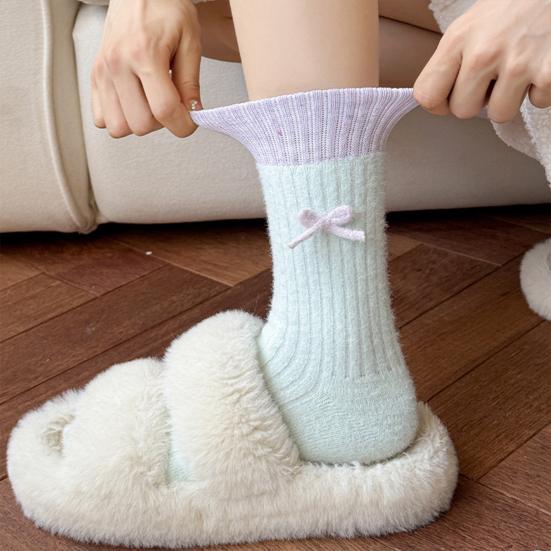 Chaussettes d'hiver pour femmes, chaussettes chaudes côtelées extensibles avec nœud, chaussettes épaissies respirantes décontractées pour la maison, le sommeil, les courses quotidiennes