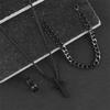 Ensemble 3 pièces Mode Hip-hop Couleur Argent Chaîne Cubaine Pendentif Croix Collier Bracelets Bagues pour Hommes Ensembles de Bijoux Personnalité Cadeaux
