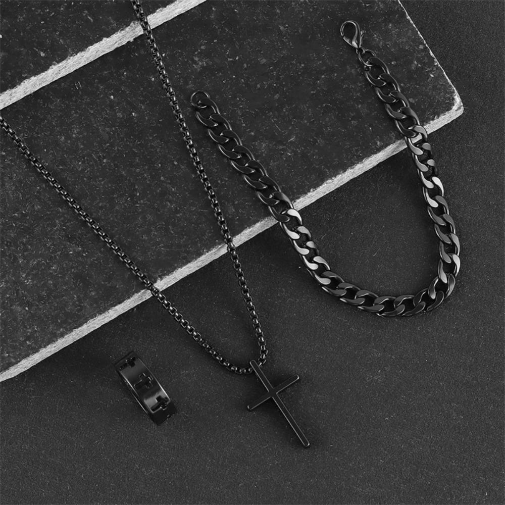 Ensemble 3 pièces Mode Hip-hop Couleur Argent Chaîne Cubaine Pendentif Croix Collier Bracelets Bagues pour Hommes Ensembles de Bijoux Personnalité Cadeaux