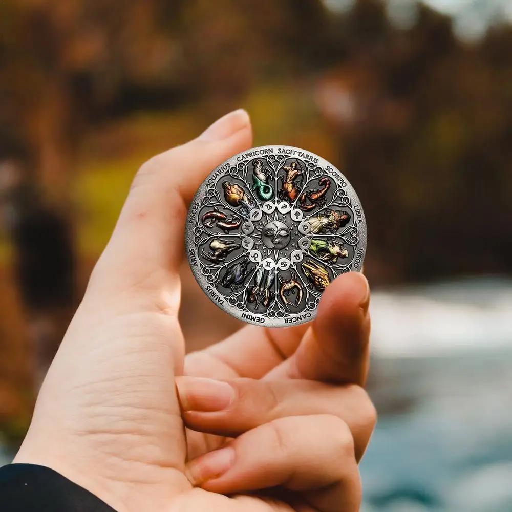 Twelve Constellations Silver Challenge Coin Tuvalu High Relief Antique Silver Coin Colorful Souvenir Coins Collectible Gift Coin