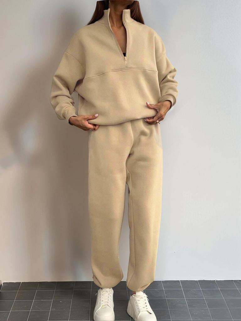 2025 European Autumn/Winter Fashion Zipper Lapel Solid Color Casual Two-Piece Set