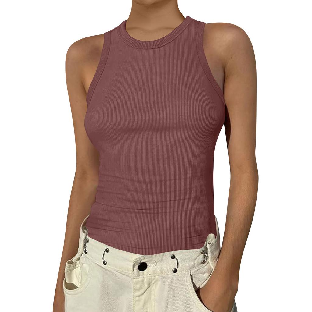 Women's Summer Fashion Casual Color Round Neck Sleeveless Top Tight Tank Top