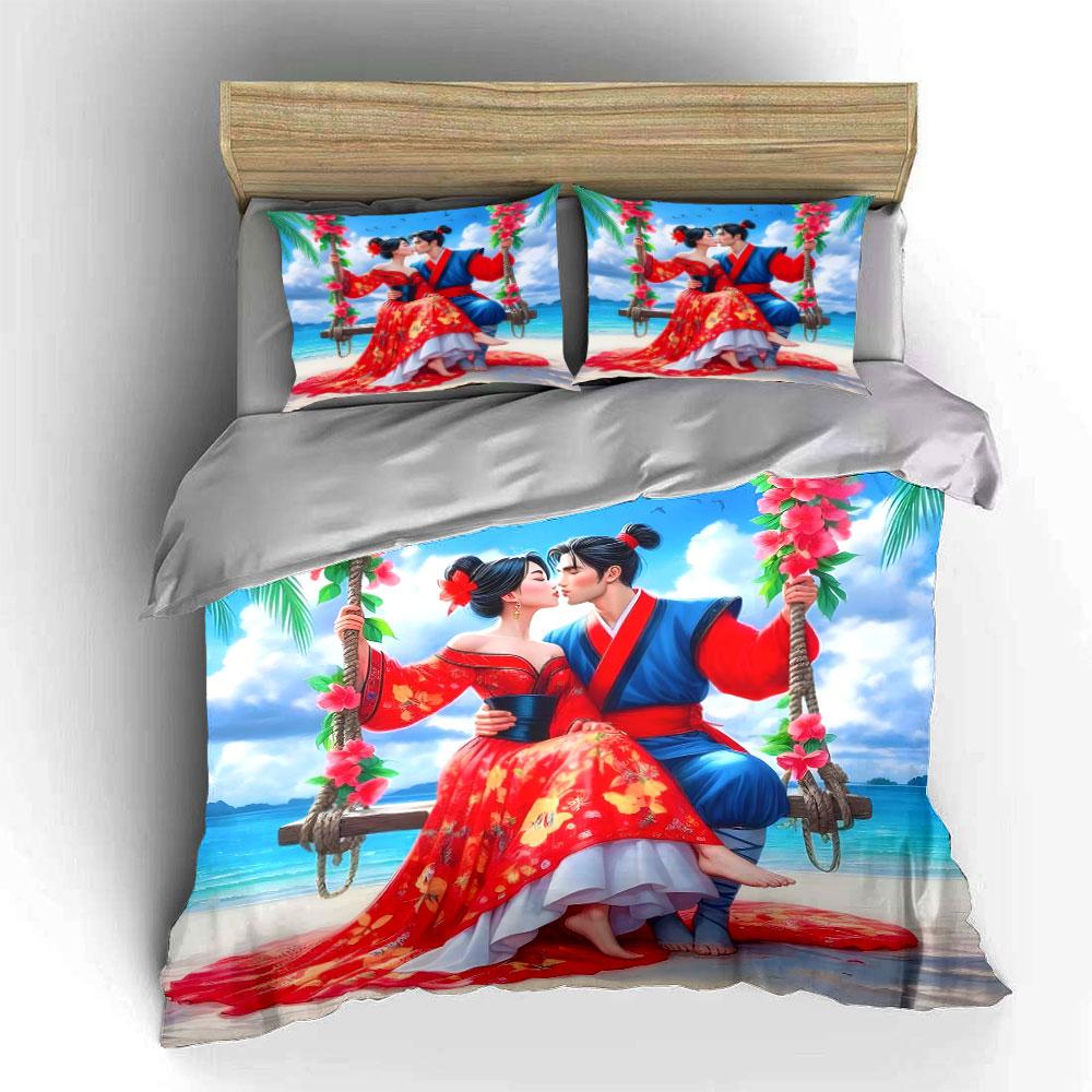 Romantic Couple on a Swing by the Beach Print Bedding Set Duvet Cover Pillowcases (1* Duvet Cover 2* Pillowcases Do Not Include Comforter)