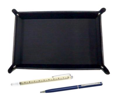 Japanese Grained Cowhide Pen Tray with Slide Measuring Stick and Slim Rotating Ballpoint Pen Set (black) (blue) TRASB-708W-PD04-L
