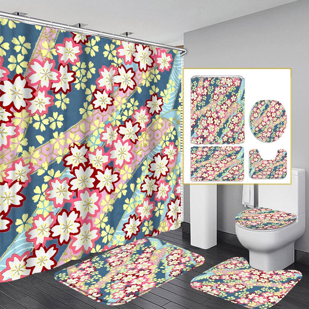 Plum Blossom 4pcs Cartoon Characters Shower Curtain Set - 12 Hook Waterproof Shower Curtain with Non-Slip Rug, Toilet Mat,