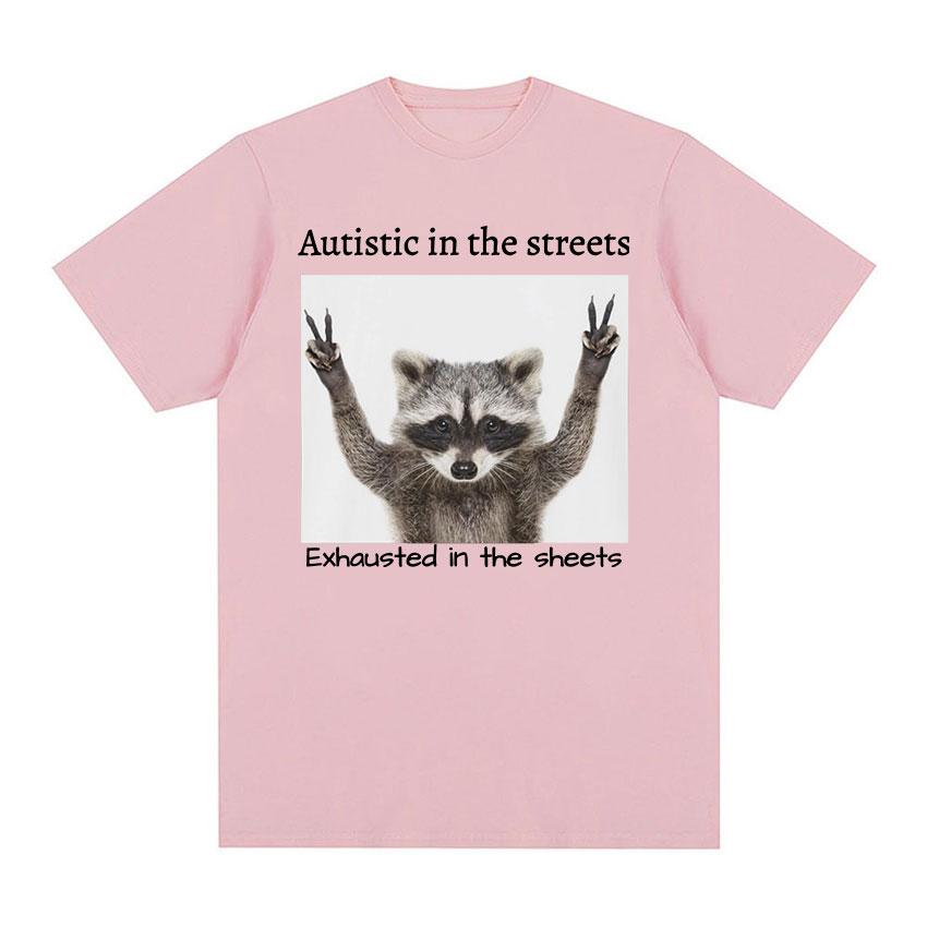 

Забавные футболки с рисунком енота для аутистов на улицах, мужские и женские повседневные модные футболки с короткими рукавами, футболки большого размера из 100% хлопка