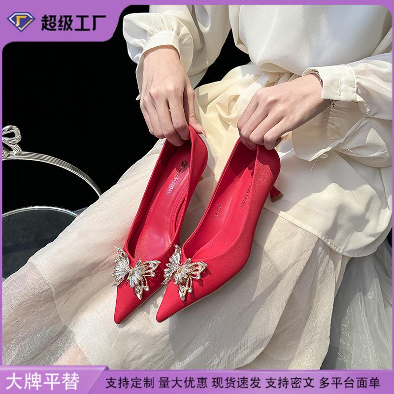 Temperament fashion single shoes classic retro wedding shoes women's butterfly buckle crystal texture women's shoes high heels women's high sense