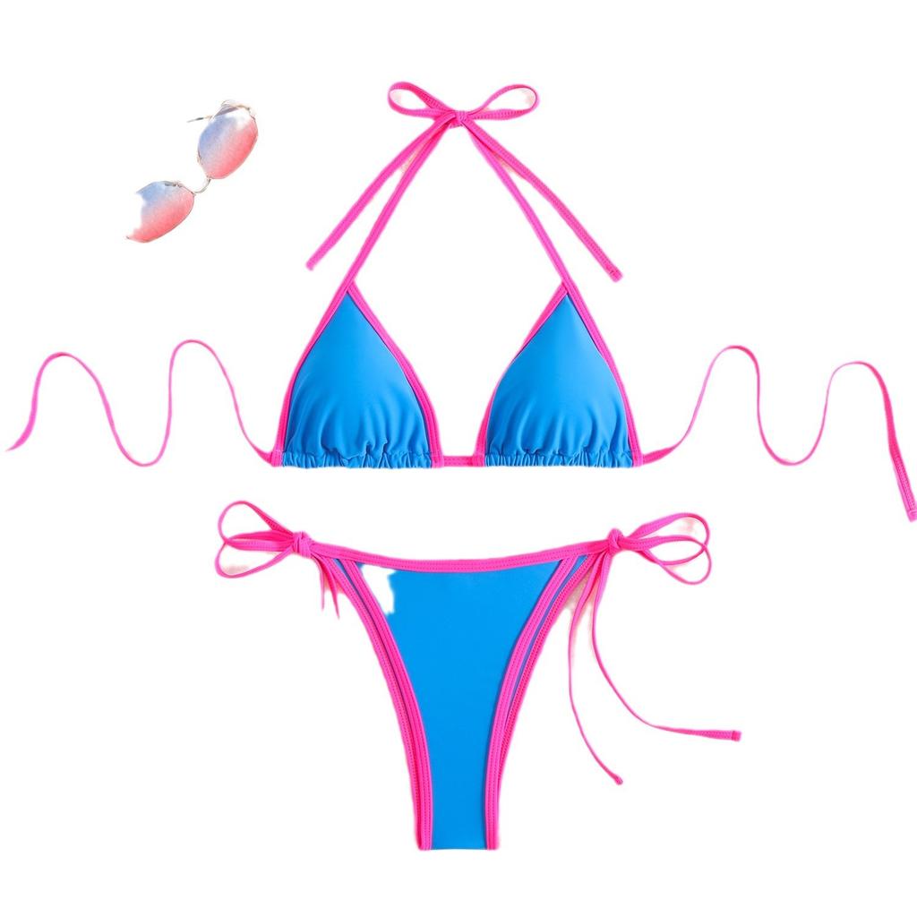 Nylon Solid Color Women's Split Sexy Triangle Color Matching Bikini European and American Lace-up Beach Hot Spring Swimsuit Swimsuit