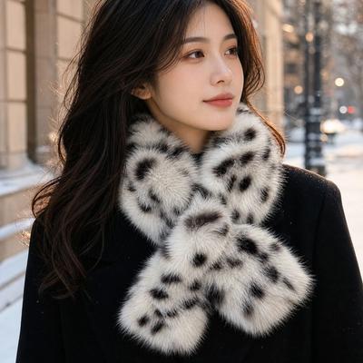 Leopard Print Plush Neck Scarf Crossover Winter Neck Warmer Gifts Pull Through Scarf  Daily Outfits