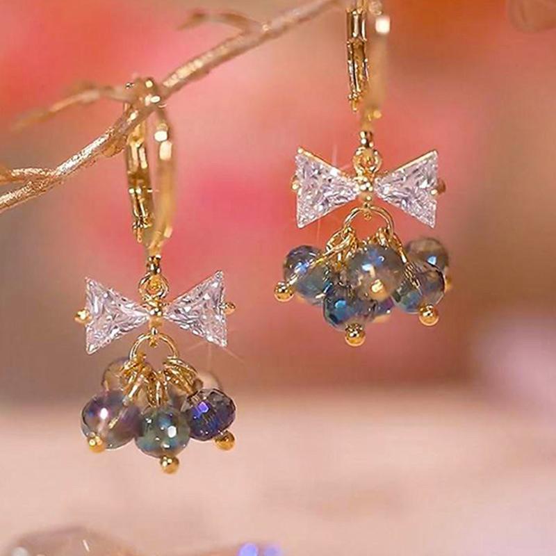 Colorful Crystal Small Circle Pendant Zircon Bow Gold Color Earrings for Women Unique Design Light Luxury Exquisite Girl Zircon