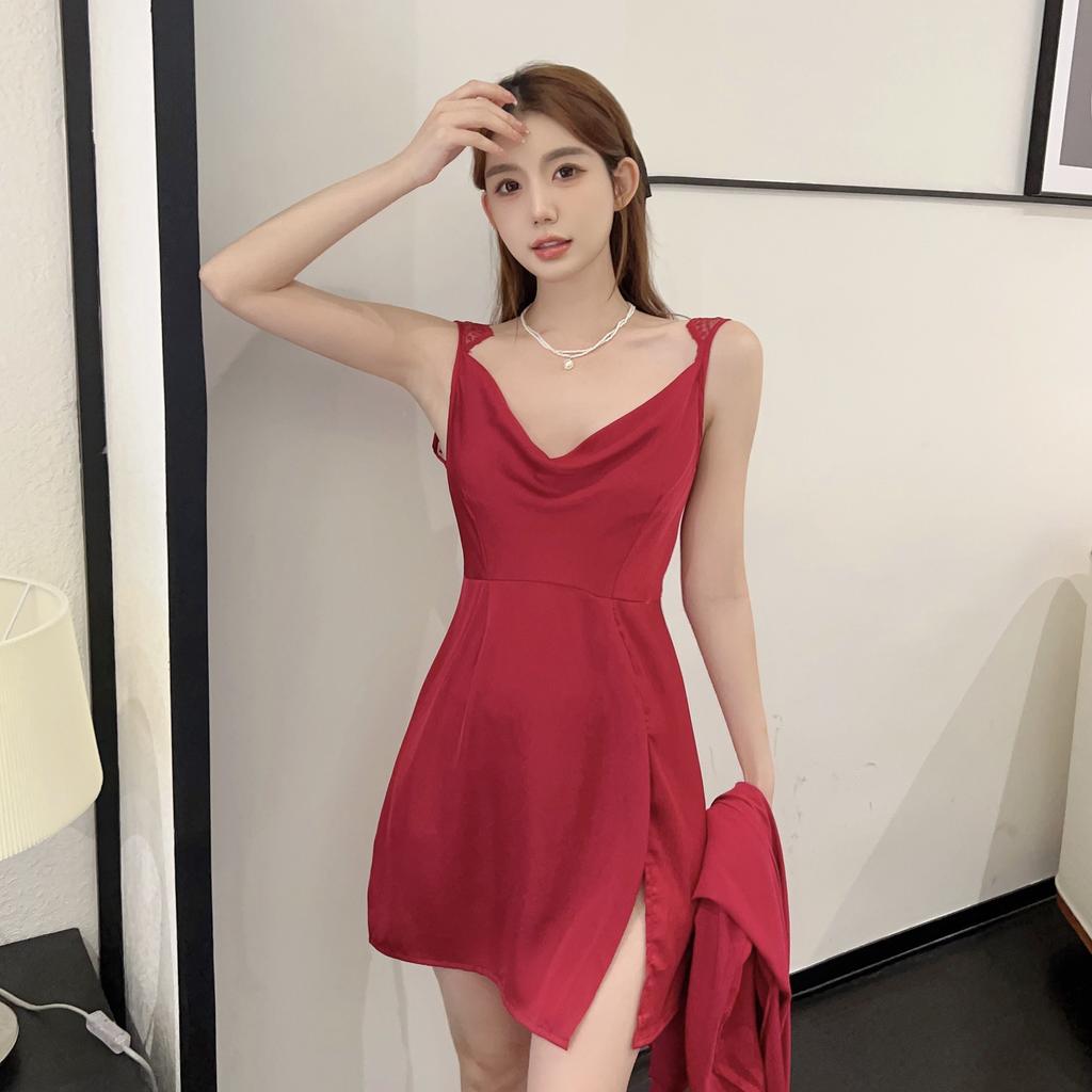 Sexy Pajamas Women's Ice Silk Summer Thin Swinging Collar Beautiful Back Lace Pure Desire Wind Suspender Nightdress Two-piece Set Can Be