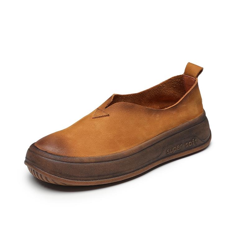 Autumn new first-layer cowhide women's shoes retro literary round head single shoes women's leather thick sole
