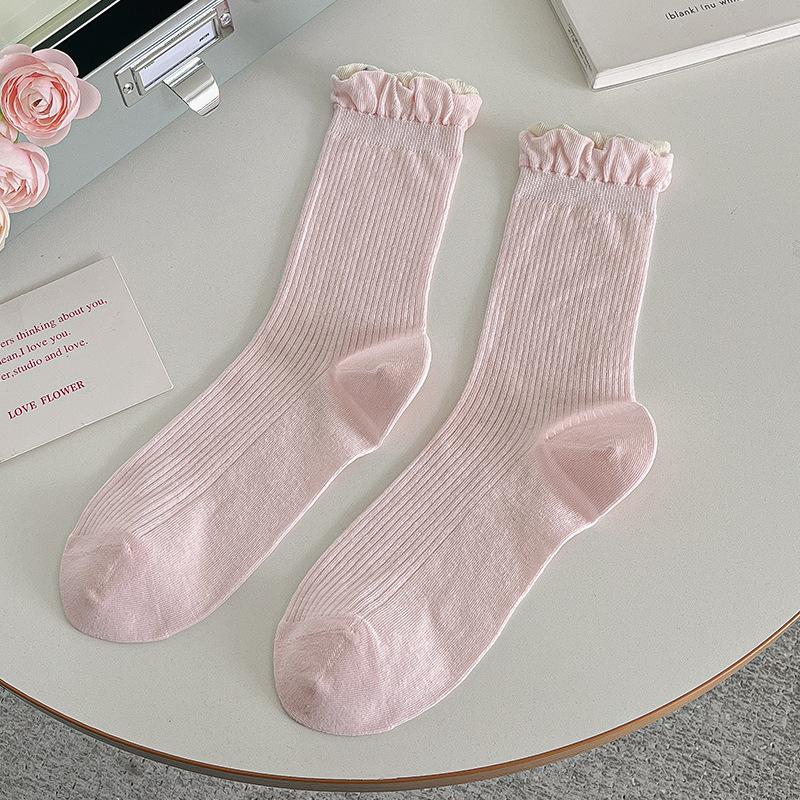 

Однотонные носки с кружевным ворсом, демисезонные хлопковые носки для девочек, впитывающие пот, дышащие, милые и универсальные носки до середины икры 1 pair розовый