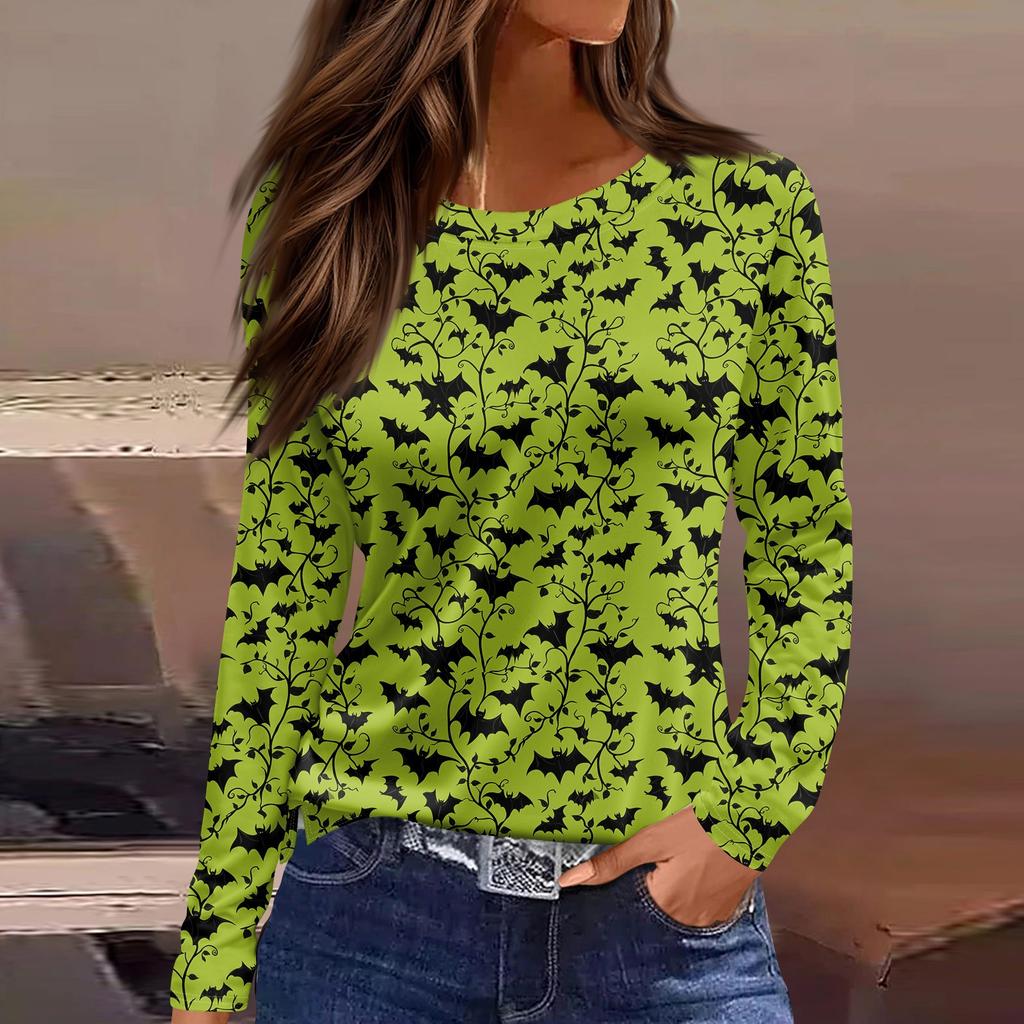 Women's Fashion Hem Slit Casual Halloween Printed Round Neck Long Sleeve Top