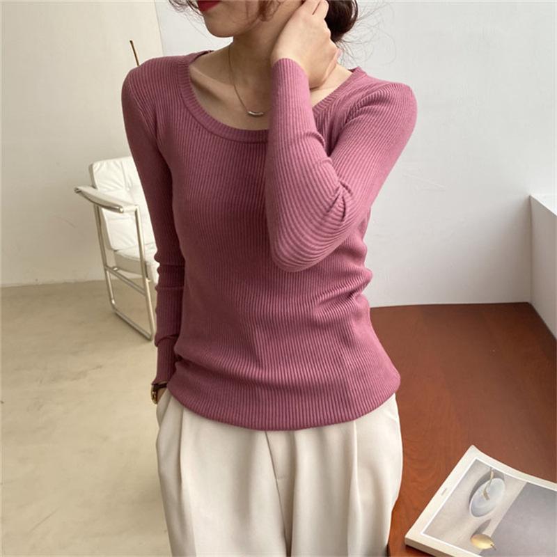 Autumn and winter new simple and versatile knitted bottoming shirt women's soft waxy temperament slim-fitting round neck pullover sweater inner