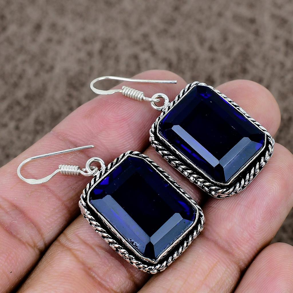 Blue Topaz Gemstone Handmade 925 Sterling Silver Jewelry Earring 1.77" KKG-993